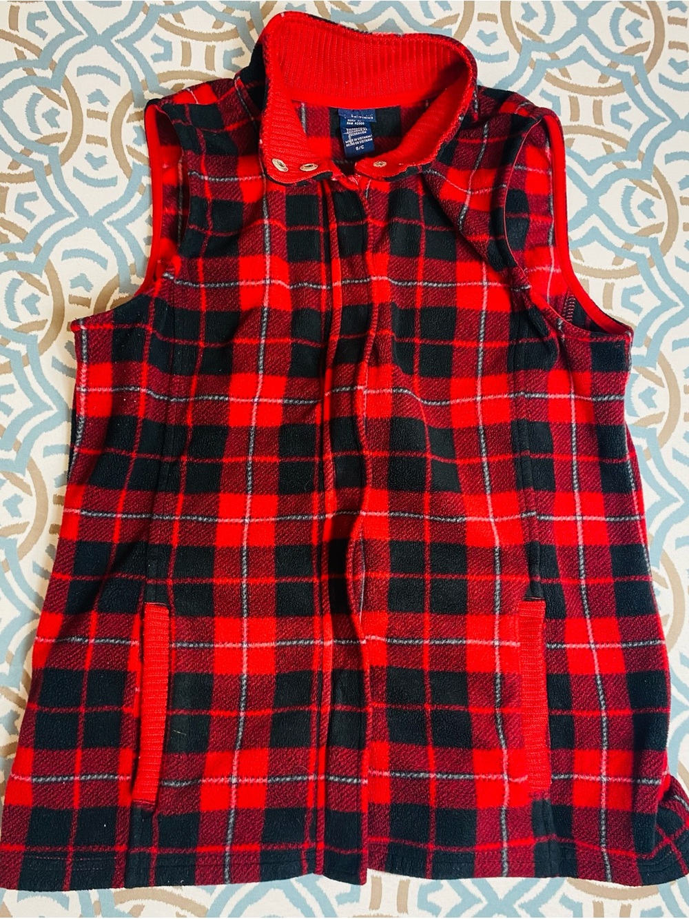 Basic Editions Red and Black Plaid Fleece Vest